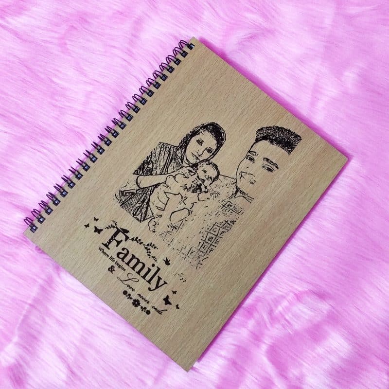 Wood Cover Laser Engraved Note Book; Customize photo note book price in bangladesh; note book price in bd; customize note book price; photo note book price; customize text note book price in bd; laser customize note book price in bd; dekora;